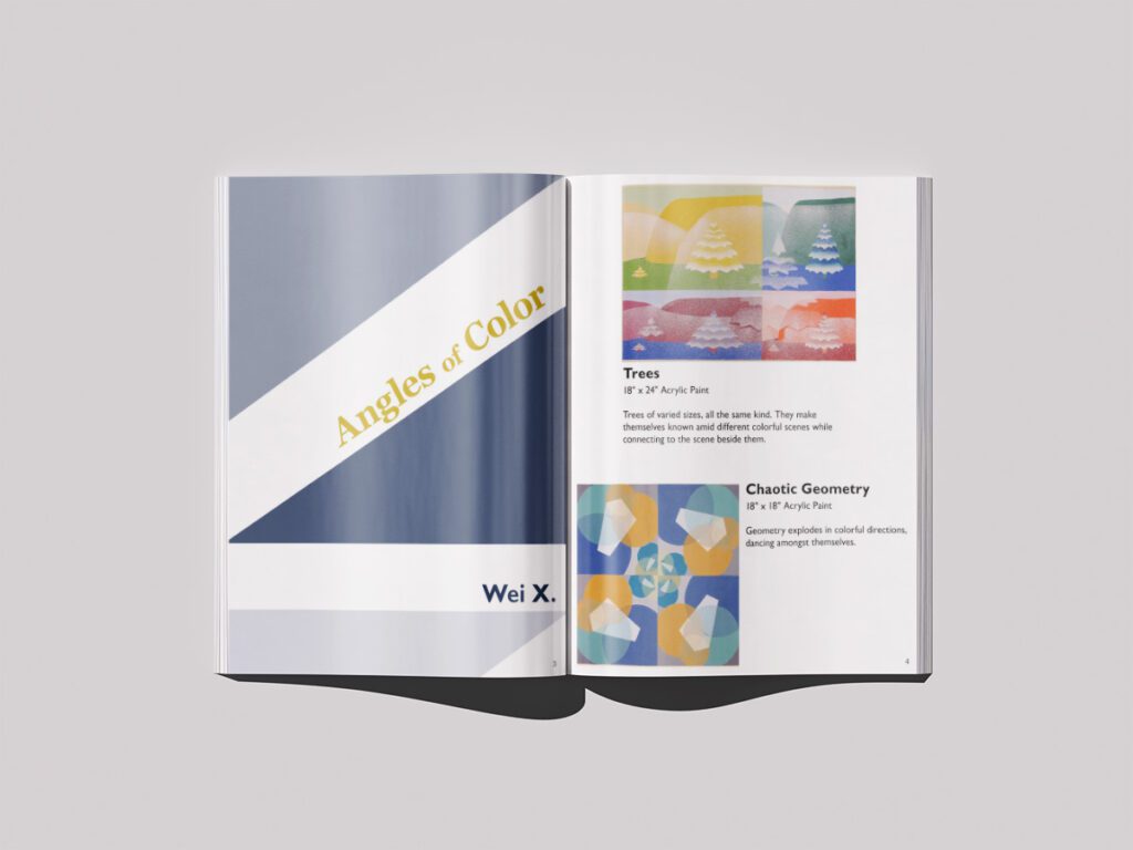 On the left of the book page, several muted blue triangles frame the page, with a large dark blue triangle underlining a diagonal title "Angles of Color," which is in yellow. To the right of the book page, abstract art in various primary colors are featured with a description.