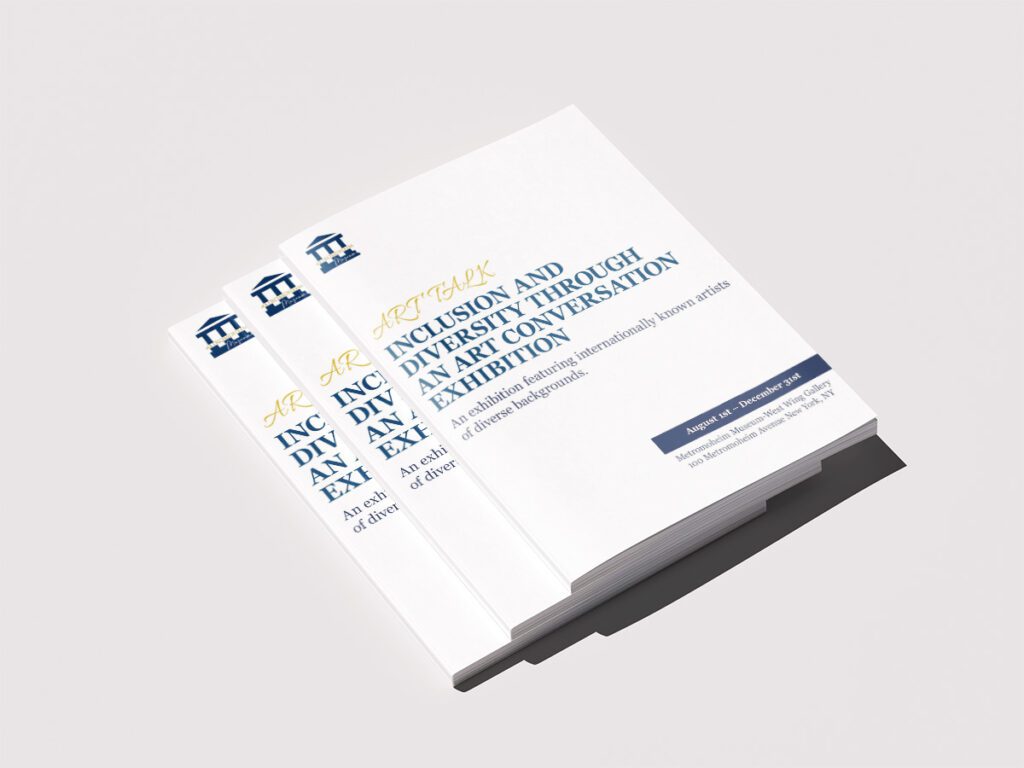 A minimalistic, simple book cover with yellow and blue text and titles. The title of the exhibition in all blue and all caps in the middle of the page. On the top left is the Metromoheim Museum logo, a greek inspired building in blue. On the bottom right are details of the event.