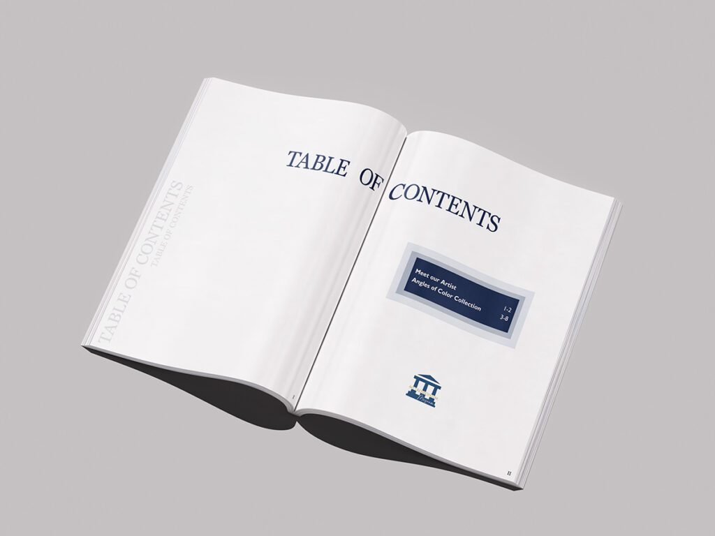 On the left side of the page is a largely white space with the word table of contents in faded gray and vertical. The table of contents title extends across the page, with the legend in the middle of the right page in a dark blue rectangle. The Metromoheim Museum logo is on the bottom.