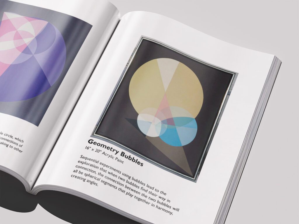 To the left of the book page, an abstract artwork with purple circles and a pink triangle is featured with a description. On the right of the book page, an abstract artwork of a large muted yellow circle with several other smaller circles and a triangle in blue and pink with a description.