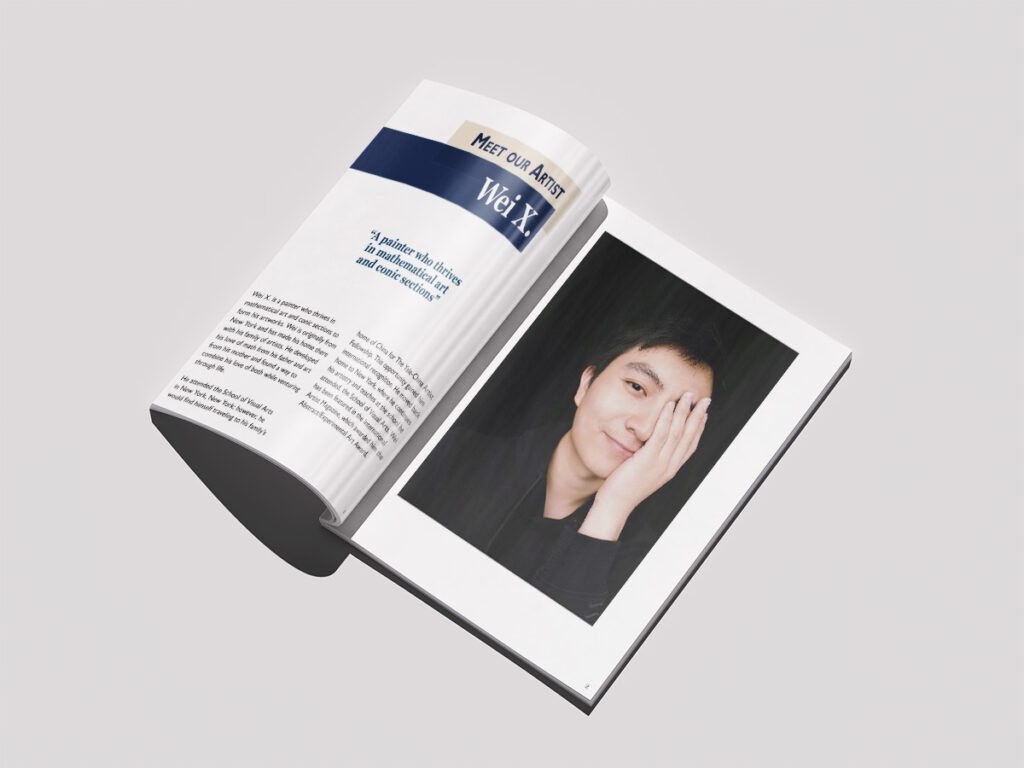 On the left page of the open book is an introduction of the artist. It features blue and yellow rectangles stating the artist name and title of page, with a quote in the middle of the page and a small biography. The right of the page features a large image of the artist.