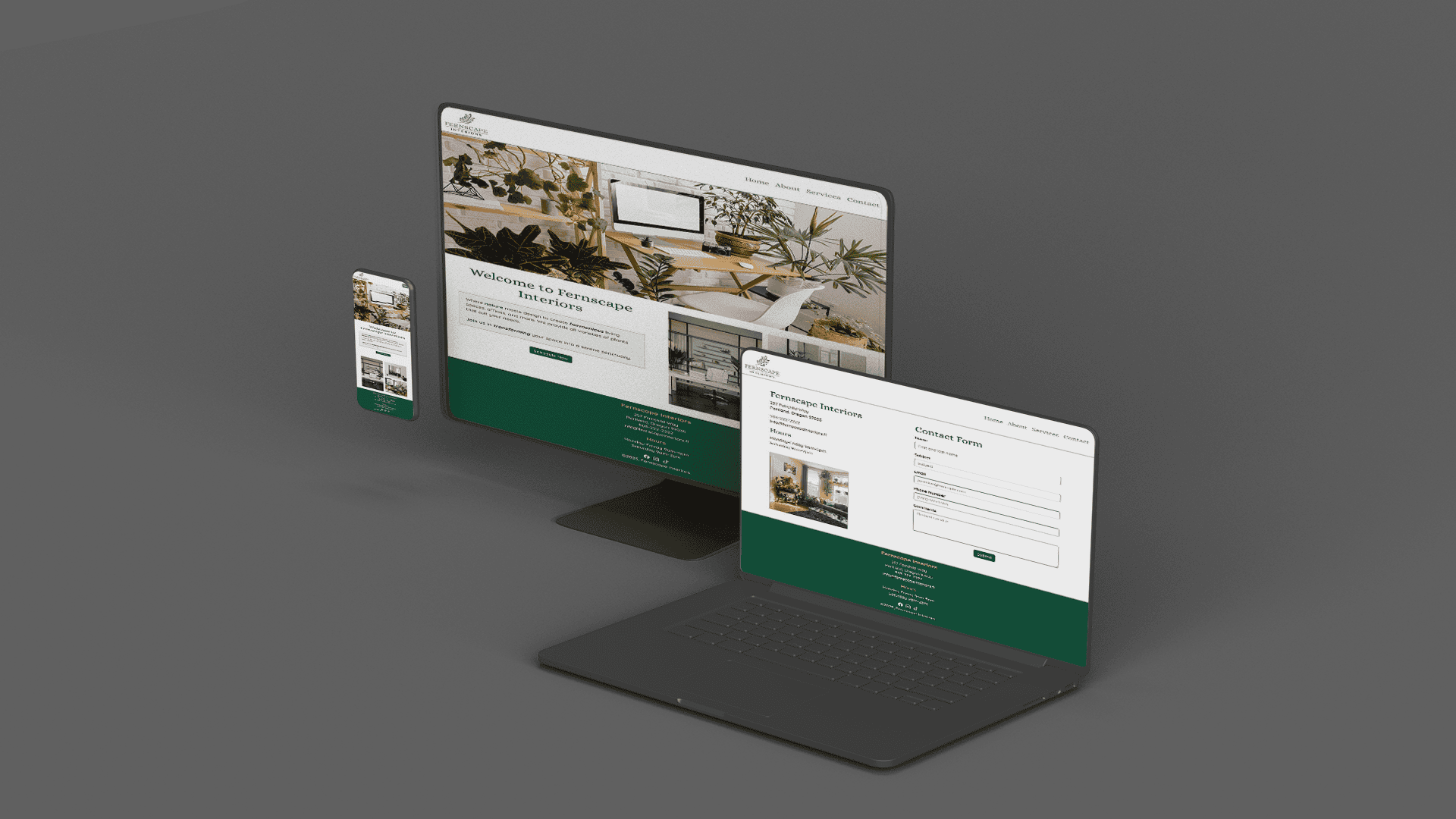 Fernscape Interiors website featured on a smartphone, desktop, and laptop. The website is elegant, clean, and is accented by shades of green and white. The website prominently features photos of modern indoor spaces with plant life.