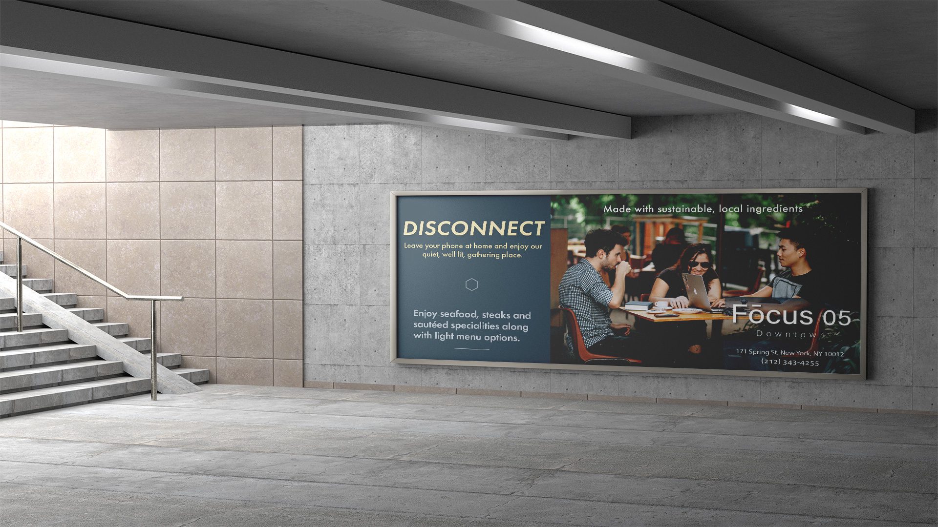 Focus 05 restaurant subway advertisement with a group of friends working together and drinking coffee. The advertisement features blue, yellow, and white colors with clean sans serif typefaces. The logo is on the bottom right corner in white and a modern font.