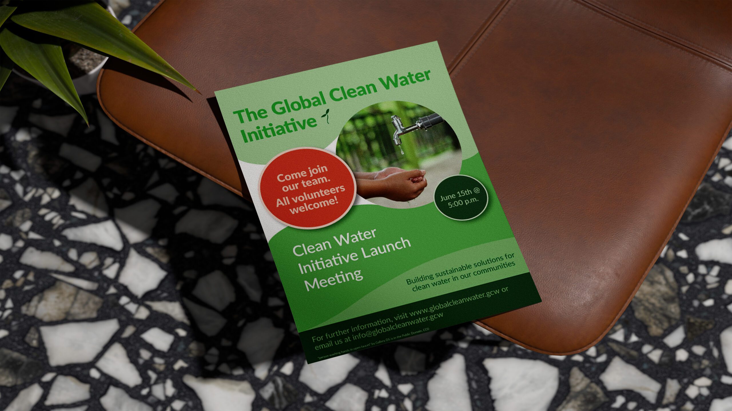 Global clean water initiative flyer in shades of green and red-orange inviting people to volunteer and attend their meeting.