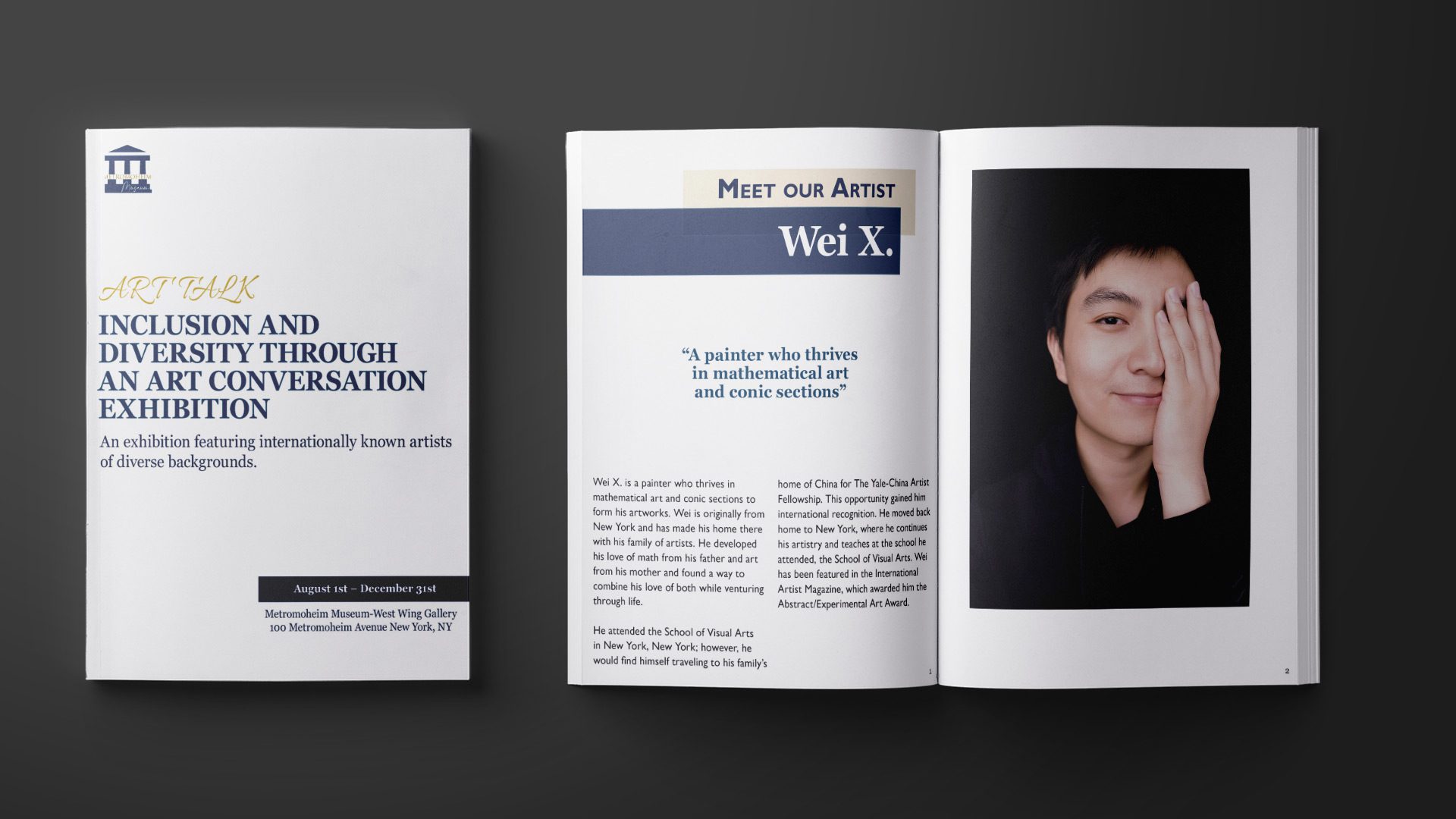 Art catalog front cover and artist introduction page with a white background, blue text, and blue and yellow accents. The image of the artist is on the right page.