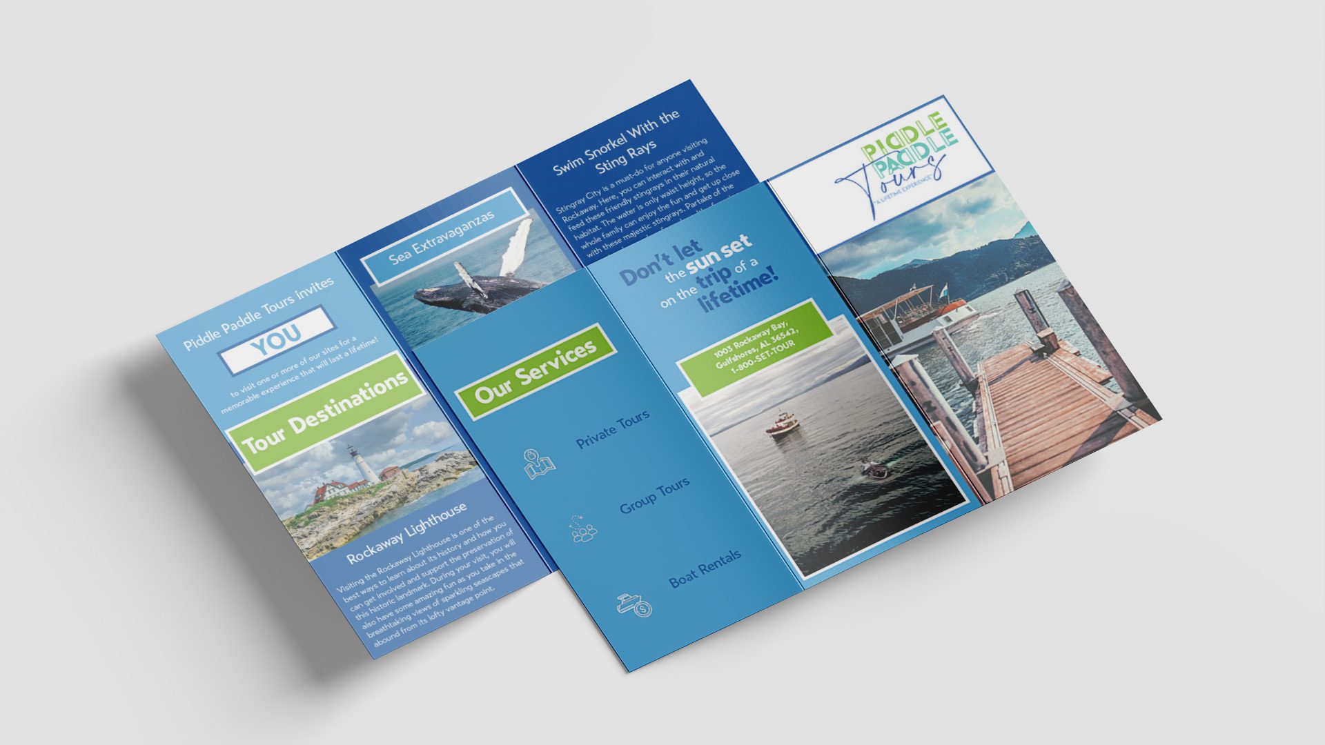 Piddle Paddle Tours brochure in shades of blue, green, and white featuring services, contact information, and photos of aquatic life and ocean scenery. 