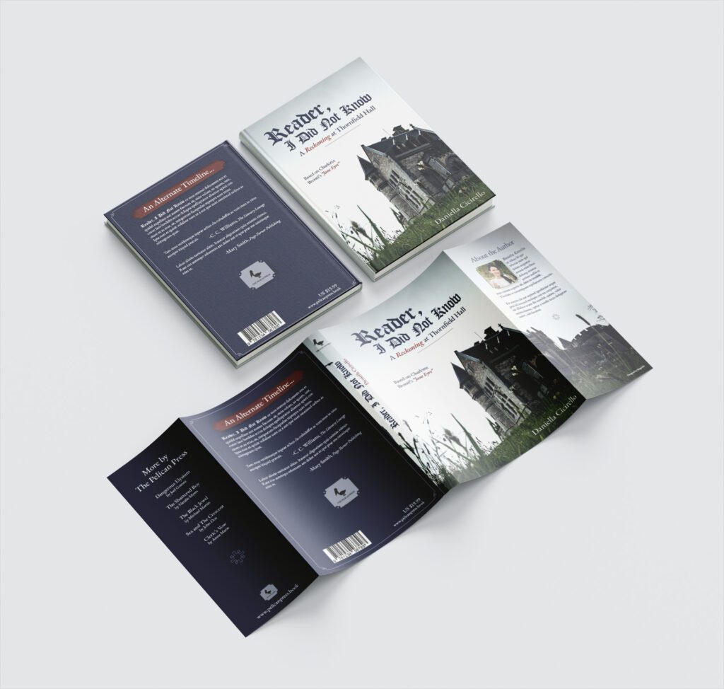 Reader, I Did Not Know book jacket and front and back covers. The book cover features a beige and grey castle on a cloudy day. The back cover is in dark blue and has a red title summarizing the novel and reviews. The book flaps has an about the author summary and picture, and it has featured books from the publisher.