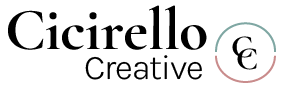 Cicirello Creative logo with Cicirello in serif font and creative smaller, under Cicirello, and aligned to the right. The monogram with two semi circles in aqua and dusty pink surround two overlapping C's.