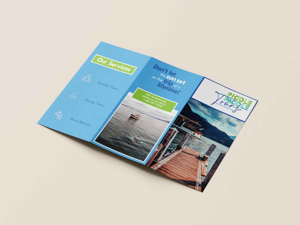 Front cover of piddle paddle tours featuring scenic ocean views, a blue background, and friendly, bold text. Services and contact information are offered.