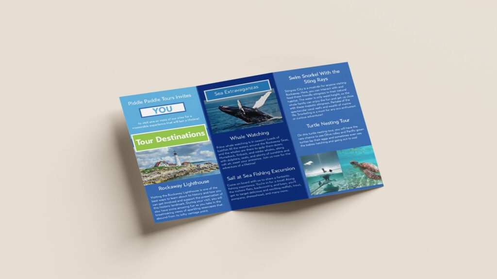 Inside content of brochure featuring detailed services in blue and features aquatic animals and a lighthouse.